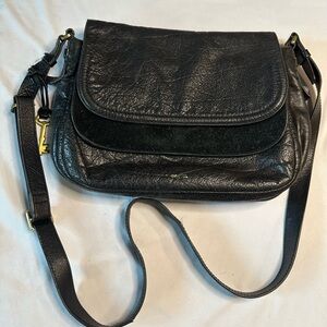 Fossil Peyton Black Leather and Suede Double Flap Crossbody Bag